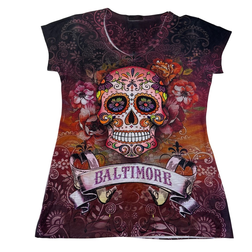 Sweet Gisele Ed Hardy Theme Sugar Skull Baltimore Graphic T-Shirt Women's Size S